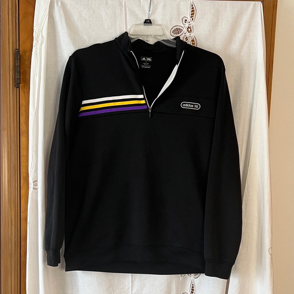adidas golf Black Zip-Up Sweater with White, Yellow & Purple Stripes size L
